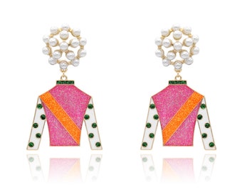 Pink Derby Jacket Earrings, Kentucky Derby Dangle Earrings, Faux Pearl Earrings, Derby Jewelry Gift, Statement Epoxy Earrings
