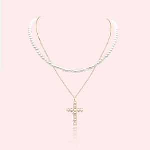 Perle Kreuz Halskette Layered Set, Gold Statement Kreuz mit Perle Anhänger Halskette, Kreuz Einfache Halskette, Kreuz Halskette