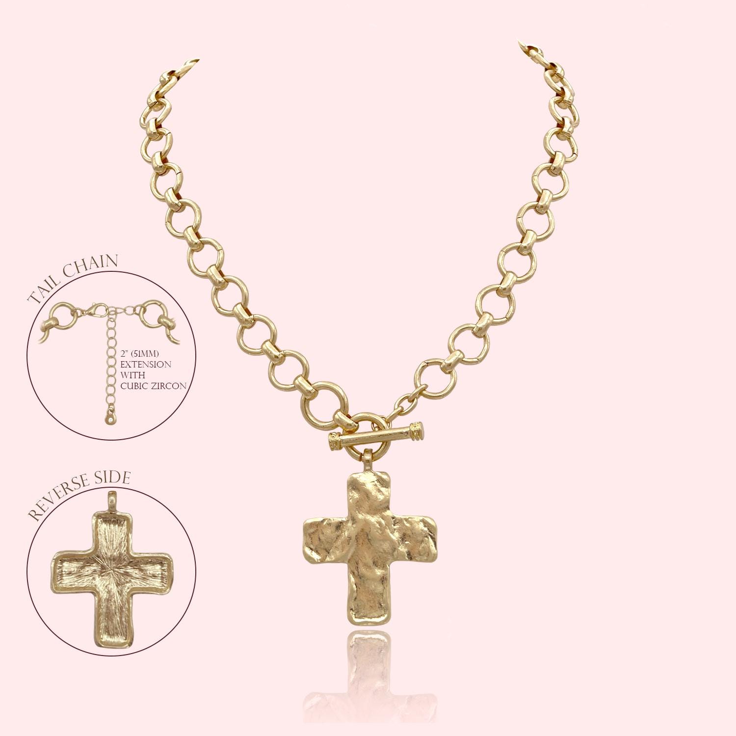 Hammered Bold Cross Necklace Thick Chain Set, Chunky Cross Statement Pendant Toggle Necklace, Handmade Toggle Hammered TextureCross Necklace