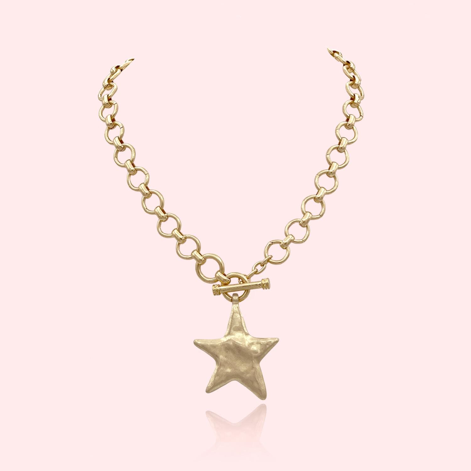 Hammered Bold Star Necklace Thick Chain Set, Chunky Star Statement Pendant Toggle Necklace, Handmade Toggle Hammered Texture Star Necklace