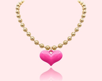 Heart Pendant with Ball Chain Necklace, Bold Heart Pendant Necklace, Pink Heart Pendant Necklace, Valentine's Day Heart Necklace