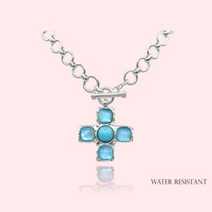 WATER RESISTANT, Hammered Bold Cross With Mother of Pearl Stone and Turquoise Stone Toggle Necklace