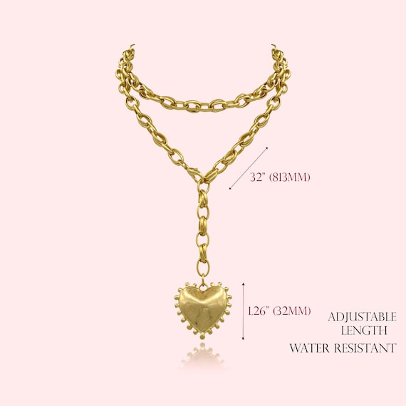 Water Resistant, Bold Puffed Heart Chain Long Y Necklace, Gold Puffed Heart Pendant Adjustable Length Necklace, 24K Gold