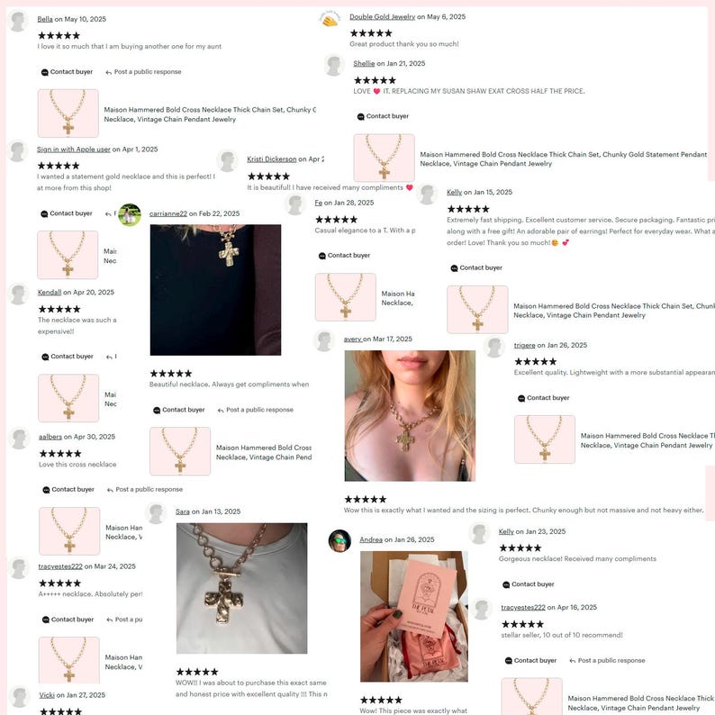 May include: Gold-toned cross pendant necklace with a chunky chain. The cross has a hammered texture, and the necklace is displayed with customer reviews. The necklace is a vintage-inspired piece.