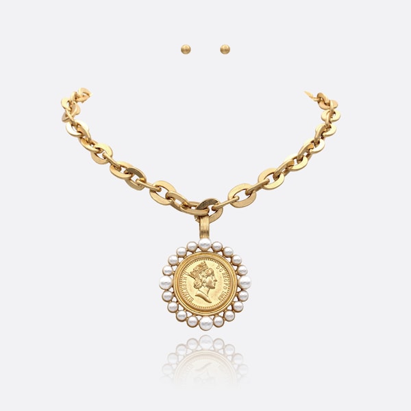 Timeless Bold Coin Necklace Thick Chain Set, Chunky Gold Statement Coin Cross Pendant Necklace, Vintage Coin Pendant Jewelry