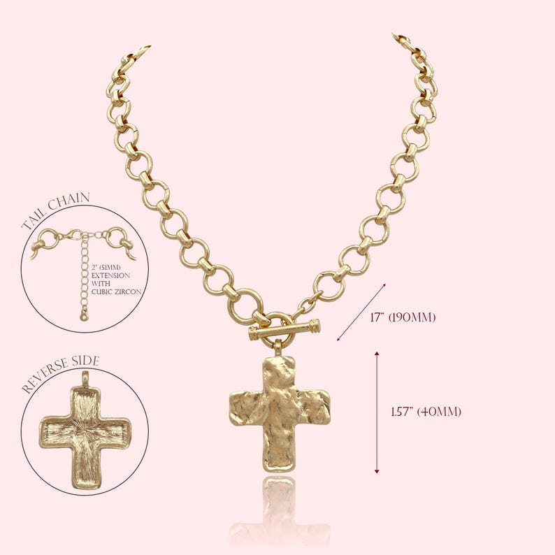 May include: Gold-tone cross pendant necklace. The necklace features a textured cross pendant and a chain with a toggle clasp. The chain is 17 inches (90mm) long, and the cross pendant is 1.57 inches (40mm) in length. The necklace has a tail chain with a 2-inch extension.