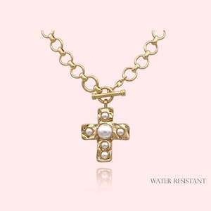 Water Resistant, Hammered Bold Cross with Faux Pearl Toggle Necklace, Chunky Cross Statement Pendant Toggle Necklace, Handmade Toggle Chain