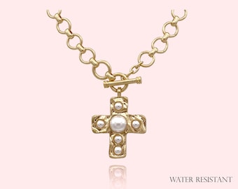 Water Resistant, Hammered Bold Cross with Faux Pearl Toggle Necklace, Chunky Cross Statement Pendant Toggle Necklace, Handmade Toggle Chain