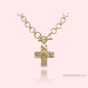 WATER RESISTANT, Hammered Bold Cross Necklace Toggle Necklace, Chunky Cross Statement Pendant Toggle Necklace, Handmade Necklace