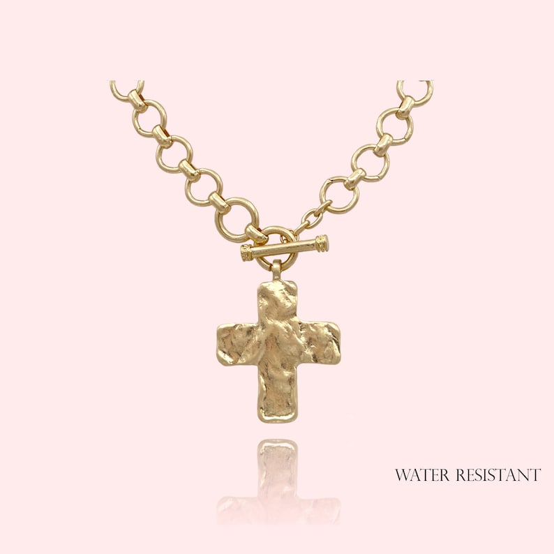 WATER RESISTANT, Hammered Bold Cross Necklace Toggle Necklace, Chunky Cross Statement Pendant Toggle Necklace, Handmade Necklace Vintage Gold