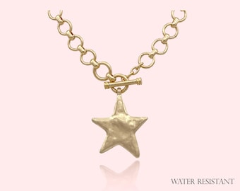 Water Resistant, Hammered Bold Star Toggle Necklace Thick Chain Set, Chunky Star Statement Pendant Toggle Necklace