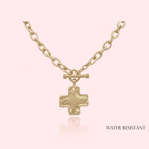 WATER RESISTANT, Hammered Cross Necklace Toggle Chain Set, Textured Vintage Gold Statement Cross Pendant Necklace, Cross Toggle Necklace