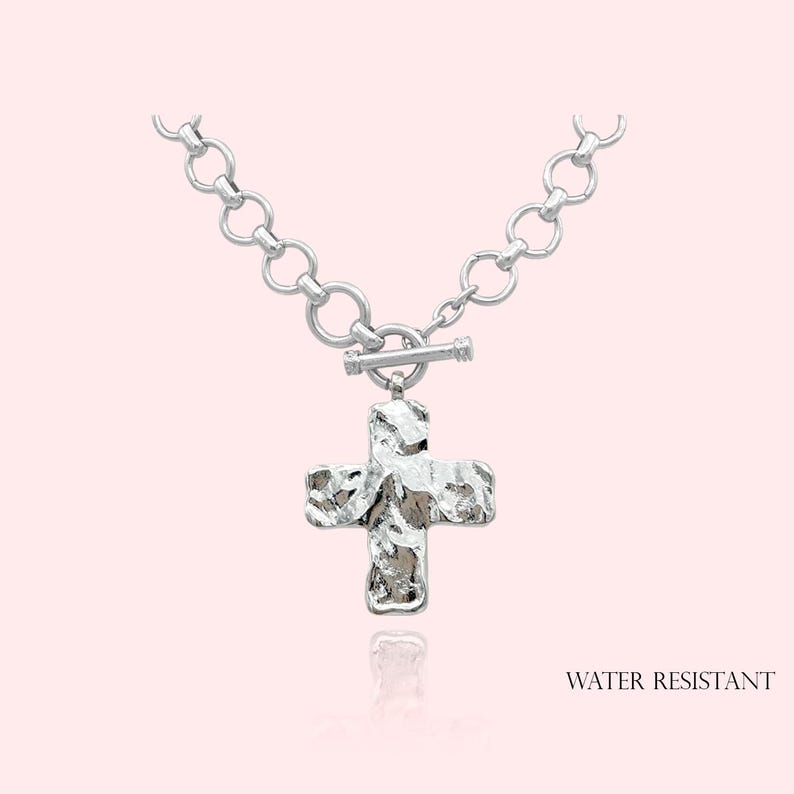 WATER RESISTANT, Hammered Bold Cross Necklace Toggle Necklace, Chunky Cross Statement Pendant Toggle Necklace, Handmade Necklace Silver
