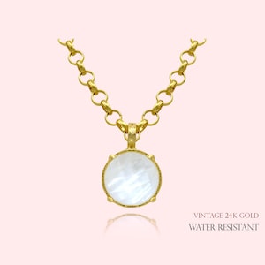 Water Resistant, Mother Of Pearl Effected Faceted Stone Long Necklace, Vintage 24K Gold Plated w Mop Round Stone Necklace