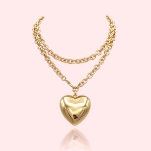 WATER RESISTANT, Heart Pendant Long Necklace, Chunky Puffed Heart Necklace, Gold Puffed Heart Pendant Adjustable Length Necklace