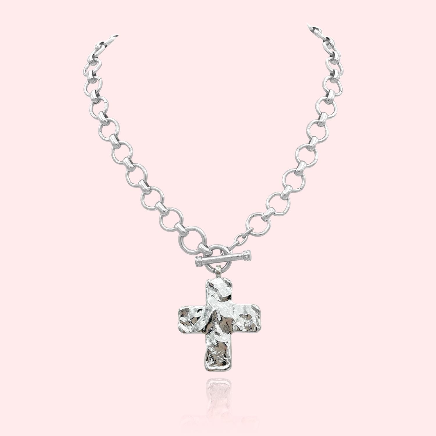 Hammered Bold Cross Necklace Thick Chain Set, Chunky Cross Statement Pendant Toggle Necklace, Handmade Toggle Hammered TextureCross Necklace