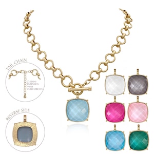 WATER RESISTANT, Statement Large Faceted Stone Pendant Toggle Necklace Thick Chain Set, Chunky Maxi Faceted Stone Pendant Statement Necklace