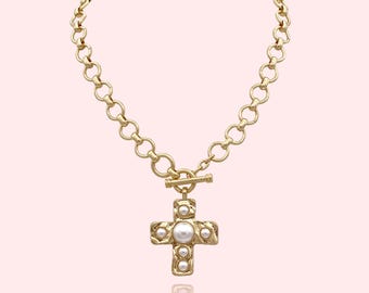 Maison Hammered Bold Cross with Faux Pearl Necklace Thick Chain Set, Chunky Cross Statement Pendant Toggle Necklace, Handmade Toggle Chain