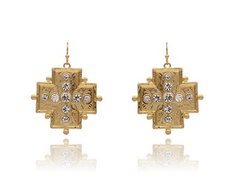 Maison Cross Earrings, Large Statement Earrings, Vintage Gold Plated Earrings, Rhinestone Earrings, Vintage Style Earrings