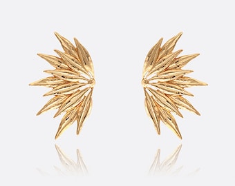 Gold Wing Style Statement Earrings, Unique Design Earrings, Leaf Texture Large Earrings, Gold Plated Earrings, Jewelry Gift Idea
