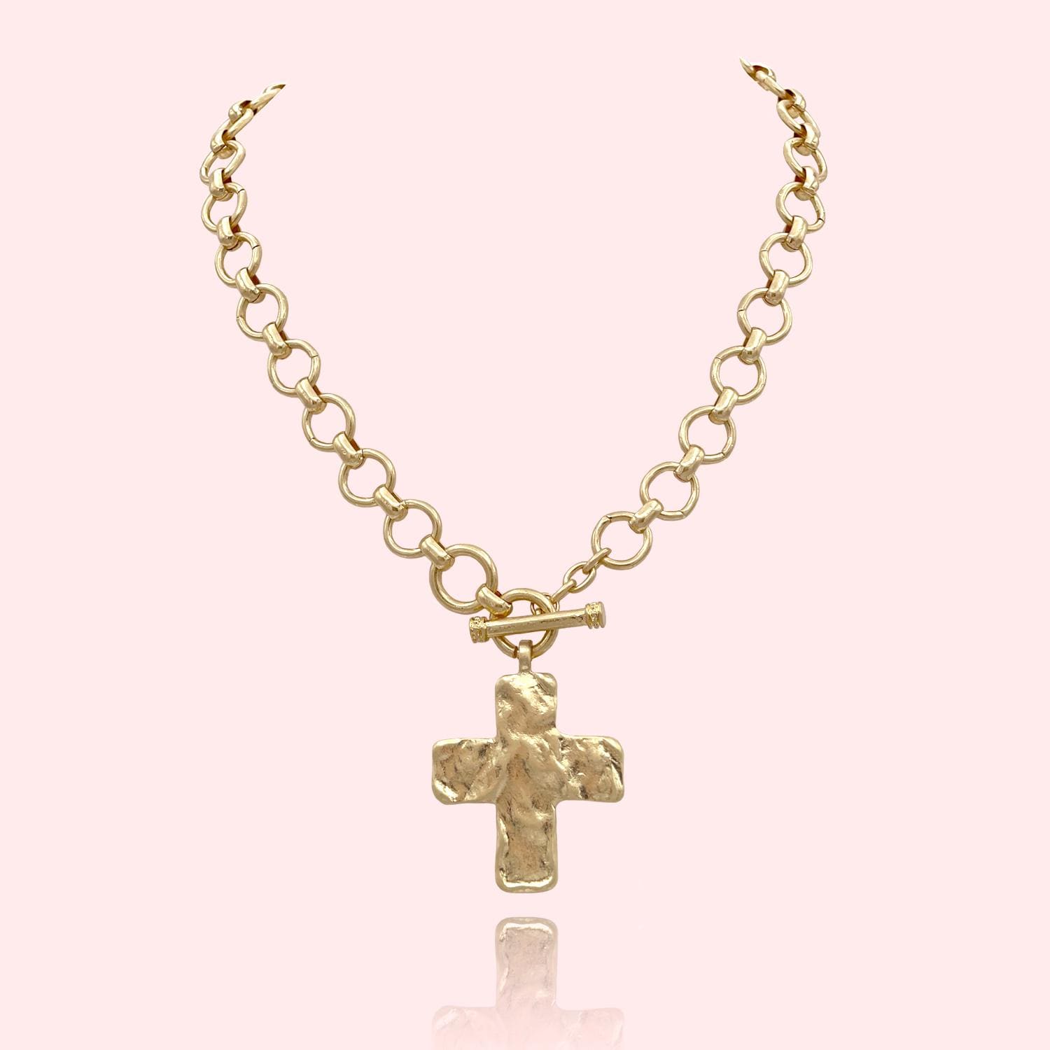 Hammered Bold Cross Necklace Thick Chain Set, Chunky Cross Statement Pendant Toggle Necklace, Handmade Toggle Hammered TextureCross Necklace