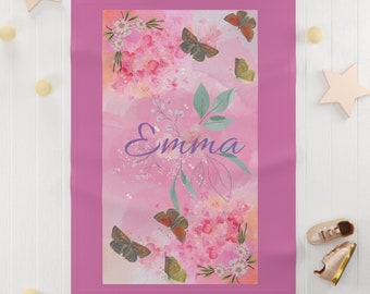 Prénom Emma, fleurs roses, papillons, couverture personnalisée en polaire pour bébé