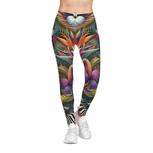 Floral Leggings, Trendy Workout Tights, Tropical Pattern Leggings, Women&#39;s Activewear, Summer Fashion Leggings, Yoga, Summer Festivals.