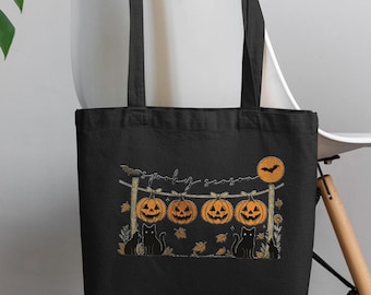 Halloween Tote Bag: Spooky Black Cat & Pumpkin Canvas Shopping Bag