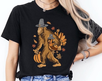 Funny Bigfoot Thanksgiving T-Shirt: Sasquatch Pilgrim Turkey Tee
