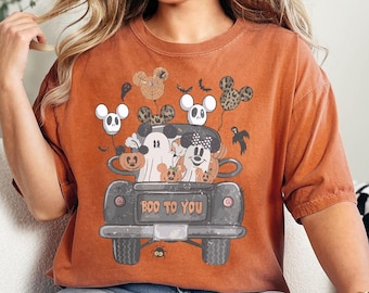 Boo To You Mickey Minnie Pumpkin Truck Comfort Colors® T-Shirt, Vintage Disneyland Halloween Shirt,Mickey Minnie Ghost Shirt, Trick or Treat