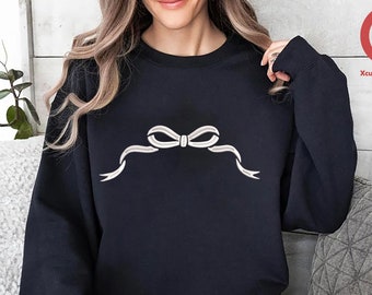 Embroidered Bow Girly Sweatshirt, Dainty Bow Women Sweater, Bow Ribbon Trendy Embroidery Sweatshirt, Cute Bow Sweater, Gift for Girl Friend