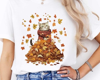 Autumn Cat T-Shirt: Fall Leaves Thanksgiving Shirt