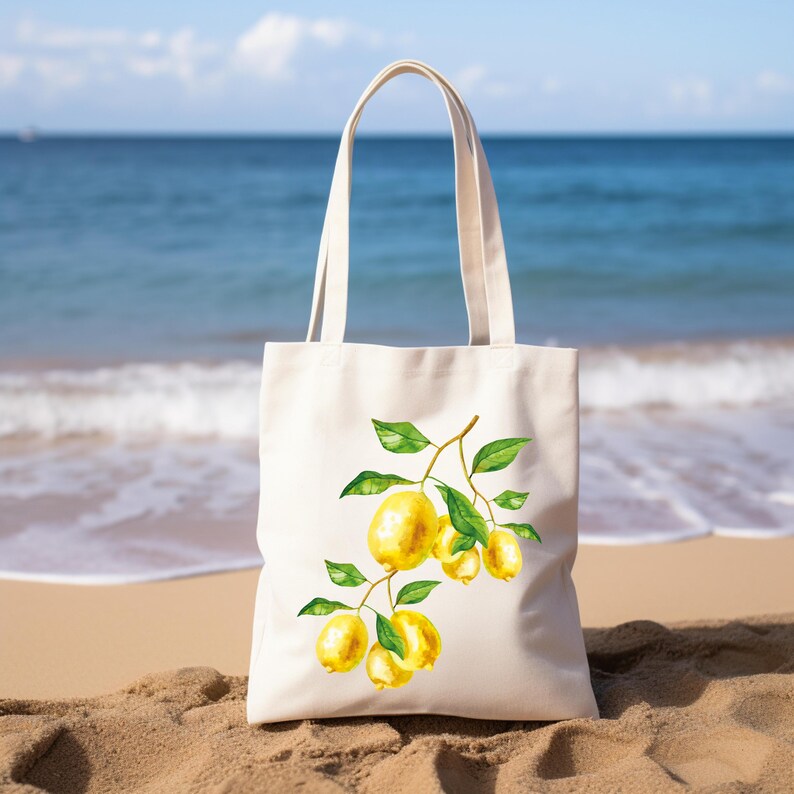 a white bag with yellow lemons painted on it