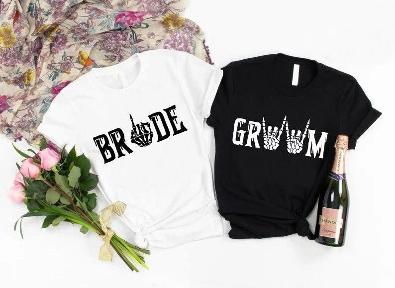 Bride Groom Skeleton Hand Halloween Tshirt,Custom Goth Wedding Shirts,Gothic Bride and Groom Matching Gift,Newly Married,Funny Honeymoon Tee