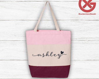 Custom Name Embroidered Canvas Tri Color Tote Bag, Custom Bridesmaid Gift,Bachelorette Tote Bag,Bridal Party Totebag for Women,Wedding Totes