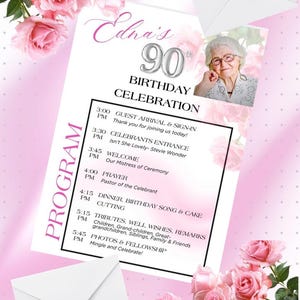 May include: A pink and white birthday celebration invitation for Edna's 90th birthday. The invitation includes a photo, program details, and is decorated with pink roses and envelopes.