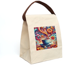 Bolsa de almuerzo de lona con taza de té y flores de colores brillantes con correa, bolsas de lona coloridas, tendencias retro