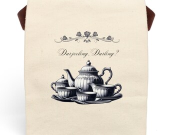 Darjeeling Darling Canvas Lunch Bag with Strap, Gifts for Tea Drinkers, Small Totes