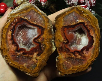 Red Druzy Geode and Red and Yellow Banded Agate, Tokat Turkish Agate, Geode Pair, Metaphysical Crystals Polished Gemstones, Mineral Specimen