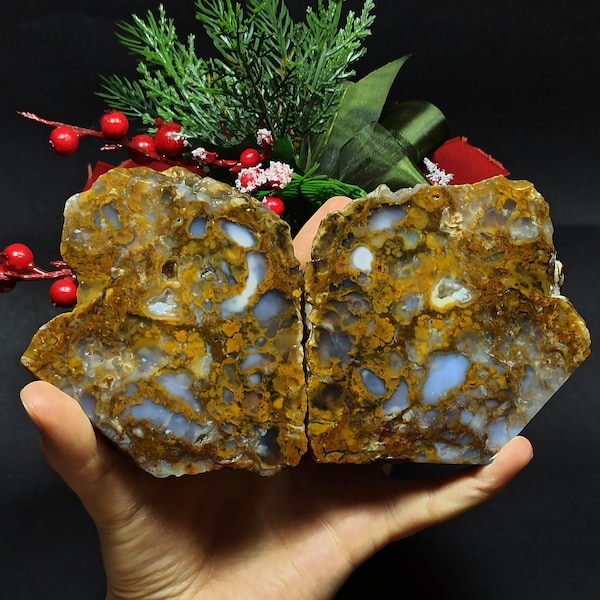 Yellow and Orange Moss and Blue Agate Pair, Turkish Plume Agate, Polished Agate Collection, Raw and Rough Mineral Specimen.