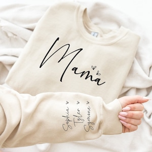 Custom Mama Sweatshirt with Kids Name on Sleeve, Mama Crewneck, 1st Mothers Day Gift for Mom, Minimalist Mama image 1