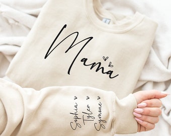 Custom Mama Sweatshirt with Kids Name on Sleeve, Mama Crewneck, 1st Mothers Day Gift for Mom, Minimalist Mama