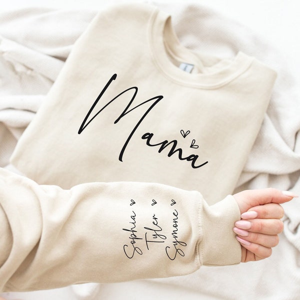 Custom Mama Sweatshirt with Kids Name on Sleeve, Mama Crewneck, 1st Mothers Day Gift for Mom, Minimalist Mama