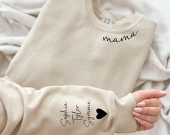 Sweat-shirt maman personnalisé avec prénoms d'enfant sur la manche, col rond Mama Est, cadeau de fête des mères