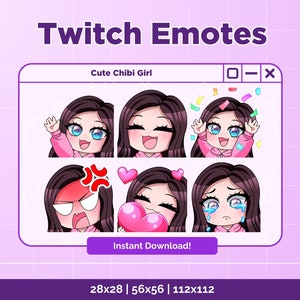 Twitch emote brown hair chibi set emote cute clip art streamer streaming illustration Twitch Logo, emote set discord emoji meme drawing art
