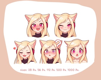 Twitch emote, cute cat girl emote, blonde cat girl, emote, clip art, kitsune, streamer, streaming, cat ears, Twitch Logo, emote set