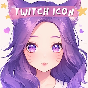 Purple cat girl Twitch icon, streamer art, twitch profile pic, streaming, no commission needed, emote, twitch emote, kitsune