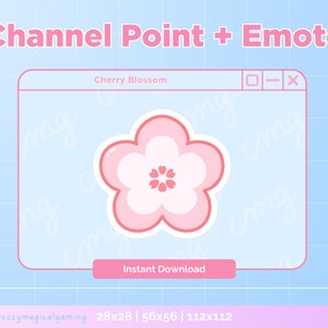 Puede incluir: Un emoji rosa de flor de cerezo para Twitch o Discord. El emoji está en una ventana de computadora con el texto "Cherry Blossom" y "Descarga instantánea". La imagen también incluye el texto "28x28 | 56x56 | 112x112".