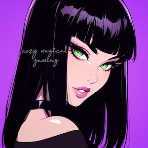 May include: A digital illustration of a woman with long black hair and green eyes. She is wearing a black choker and a black shirt. The background is a purple gradient. The text "cozy magical gaming" is written in the upper left corner of the image.