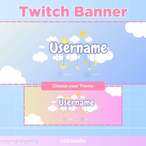 Puede incluir: Una plantilla de banner de Twitch azul y rosa con un fondo de cielo pastel y nubes. El texto "Twitch Banner" está en la parte superior del banner. El texto "Username" está en el centro del banner con una estrella amarilla y una luna creciente colgando de ella. El texto "Choose your Theme" está debajo del Username. El texto "1200x480" está en la parte inferior del banner.